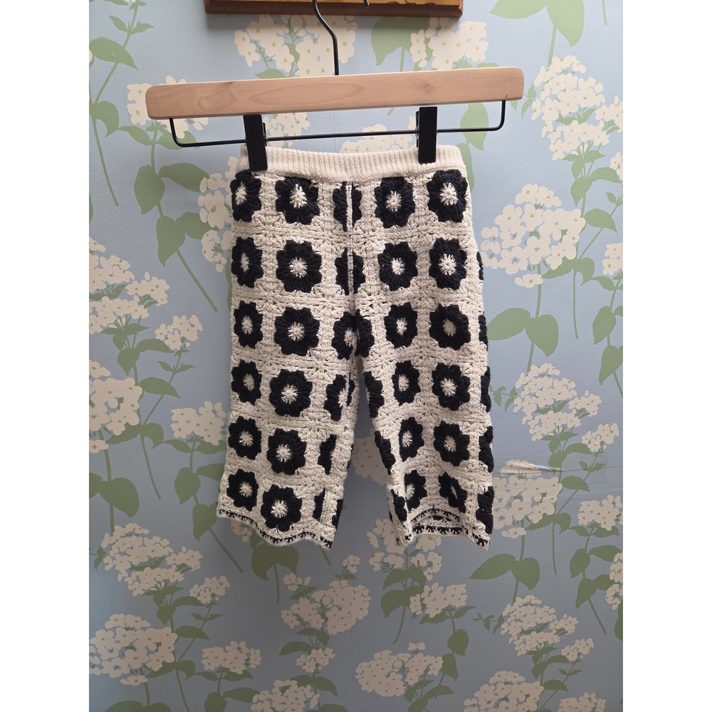 Zara Kids Crochet Floral Knit Pants Cream Black Boho Trousers 18-24 Months 86cm